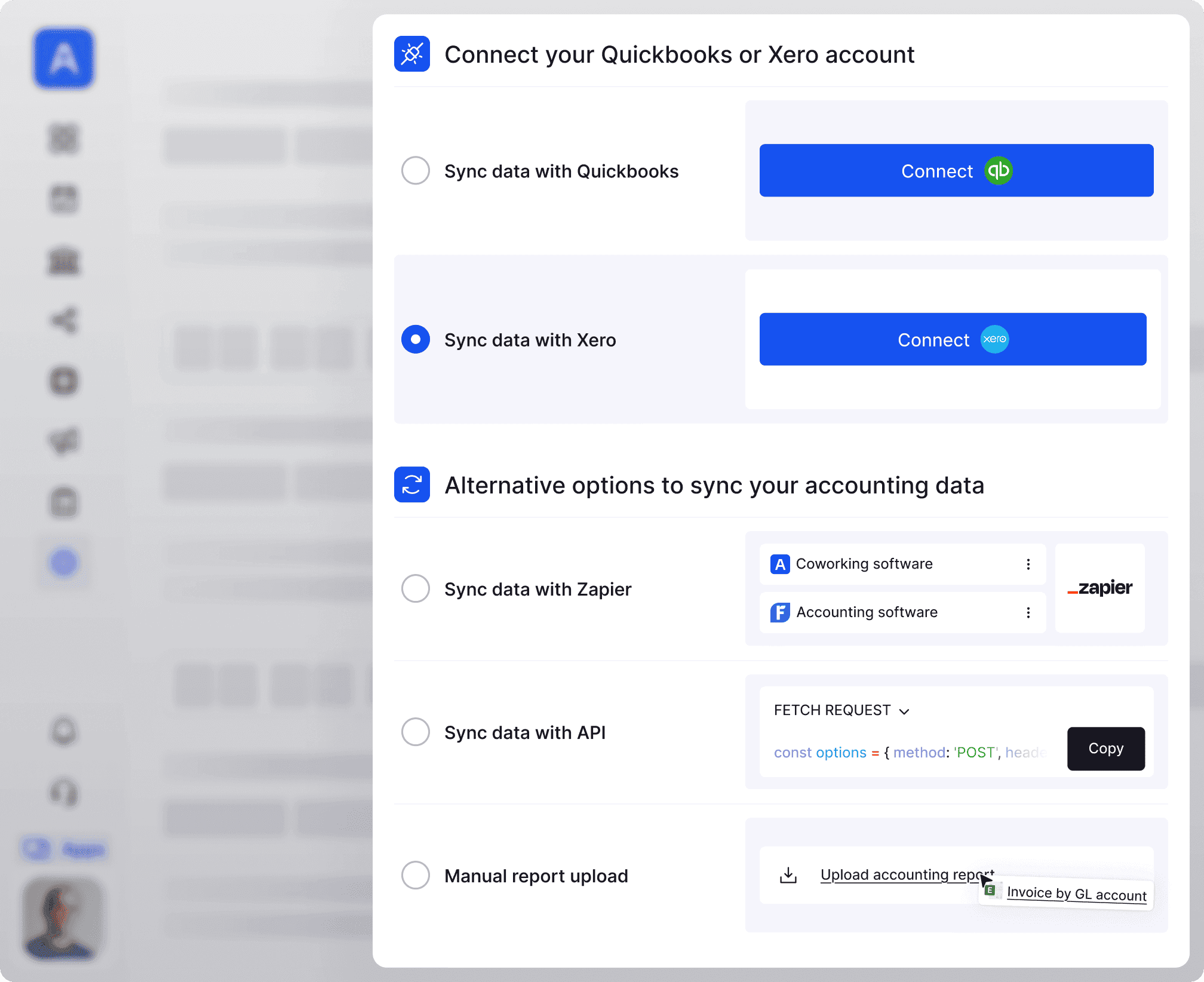 Interface for connecting accounting software, showing options to sync data with QuickBooks, Xero, Zapier, or via API, and an option for manual report upload.