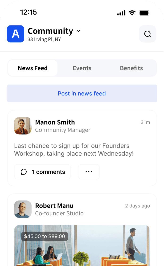 Archie Mobile app interface displaying a community news feed with posts and updates from different coworking space members.