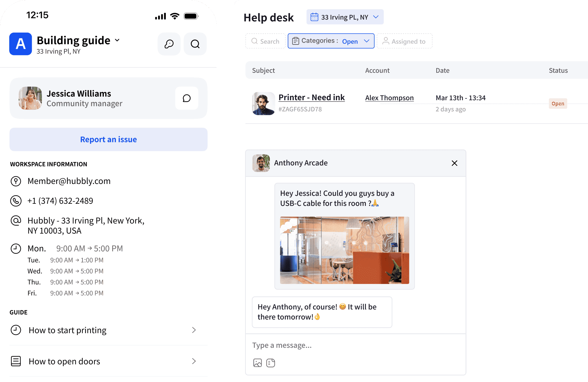 Mobile app interface showing a help desk section with a request for a printer and a conversation between users about purchasing a USB-C cable.