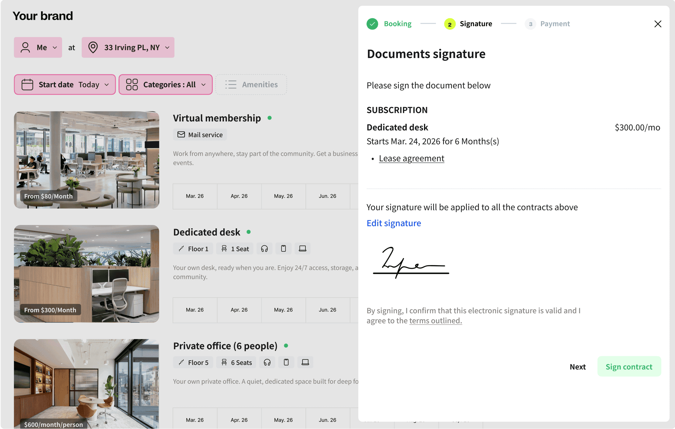 Booking interface for selecting workspace options with details on virtual membership, dedicated desk, and private office, including payment information.