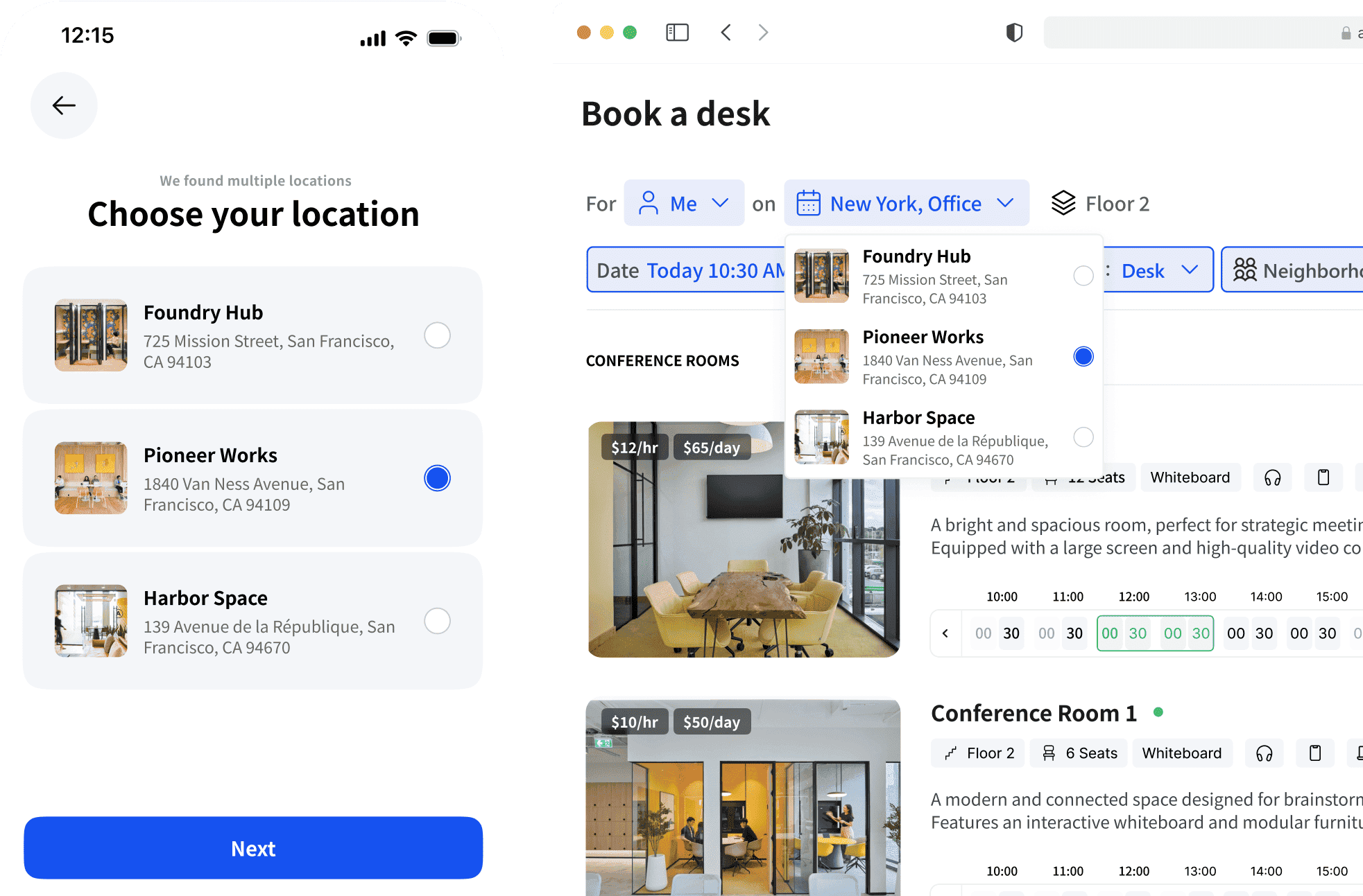 Archie Mobile app interface for choosing a workspace location with options for different coworking spaces and desk interface for booking a desk with options for different locations and times.