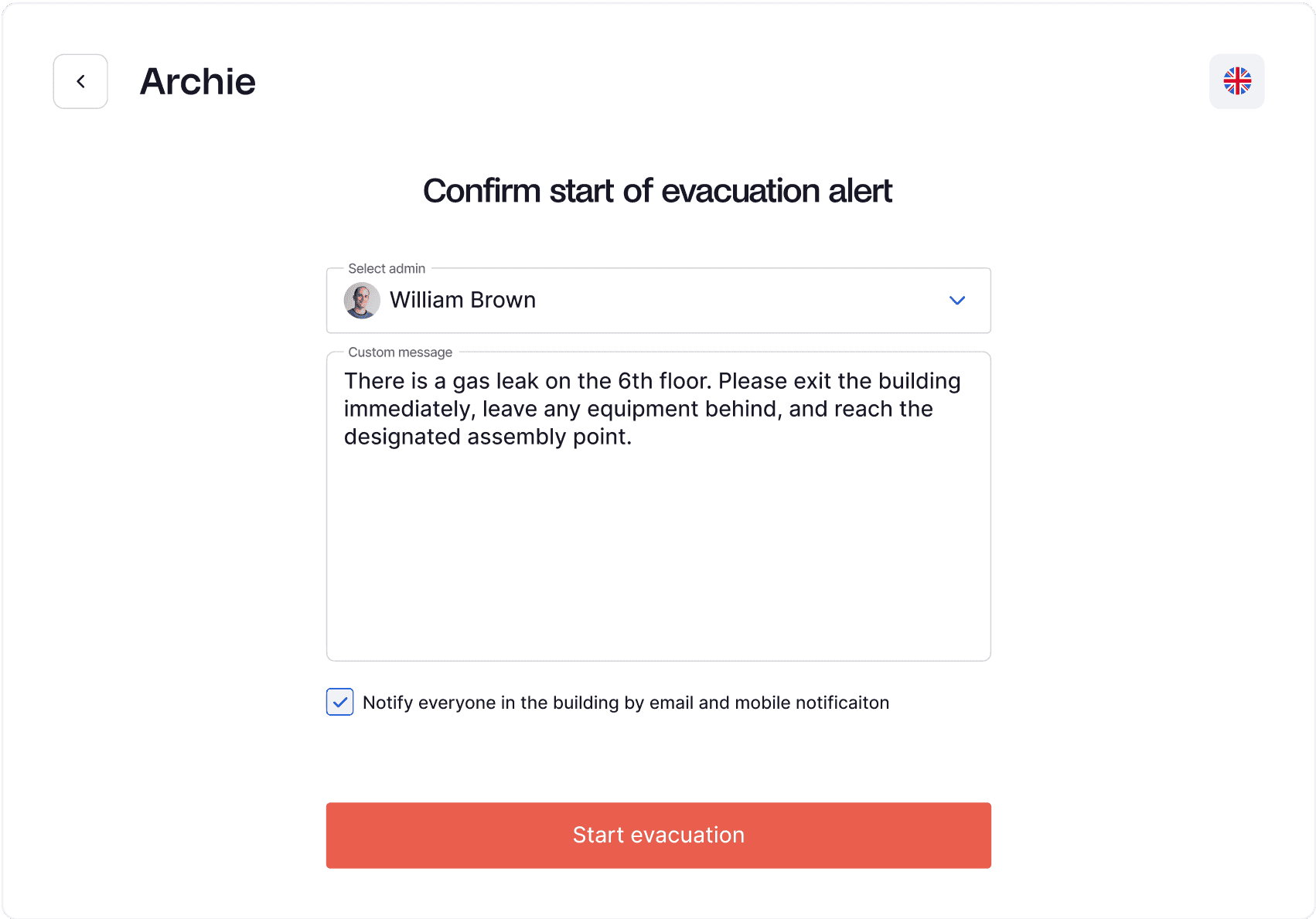 Archie software interface showing an evacuation alert confirmation with admin selection and custom message.
