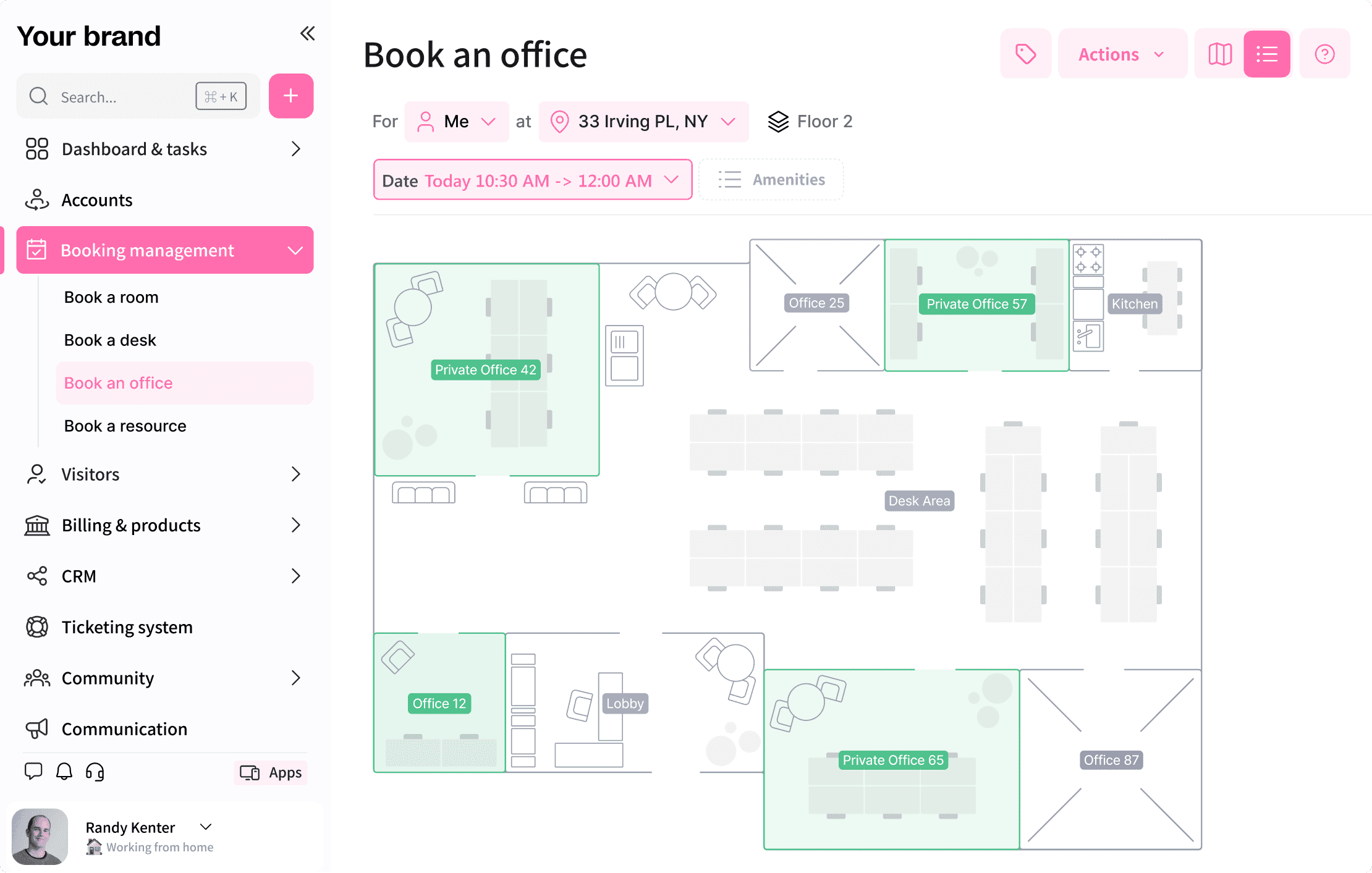 Booking interface for selecting an office space with a floor plan showing available offices.
