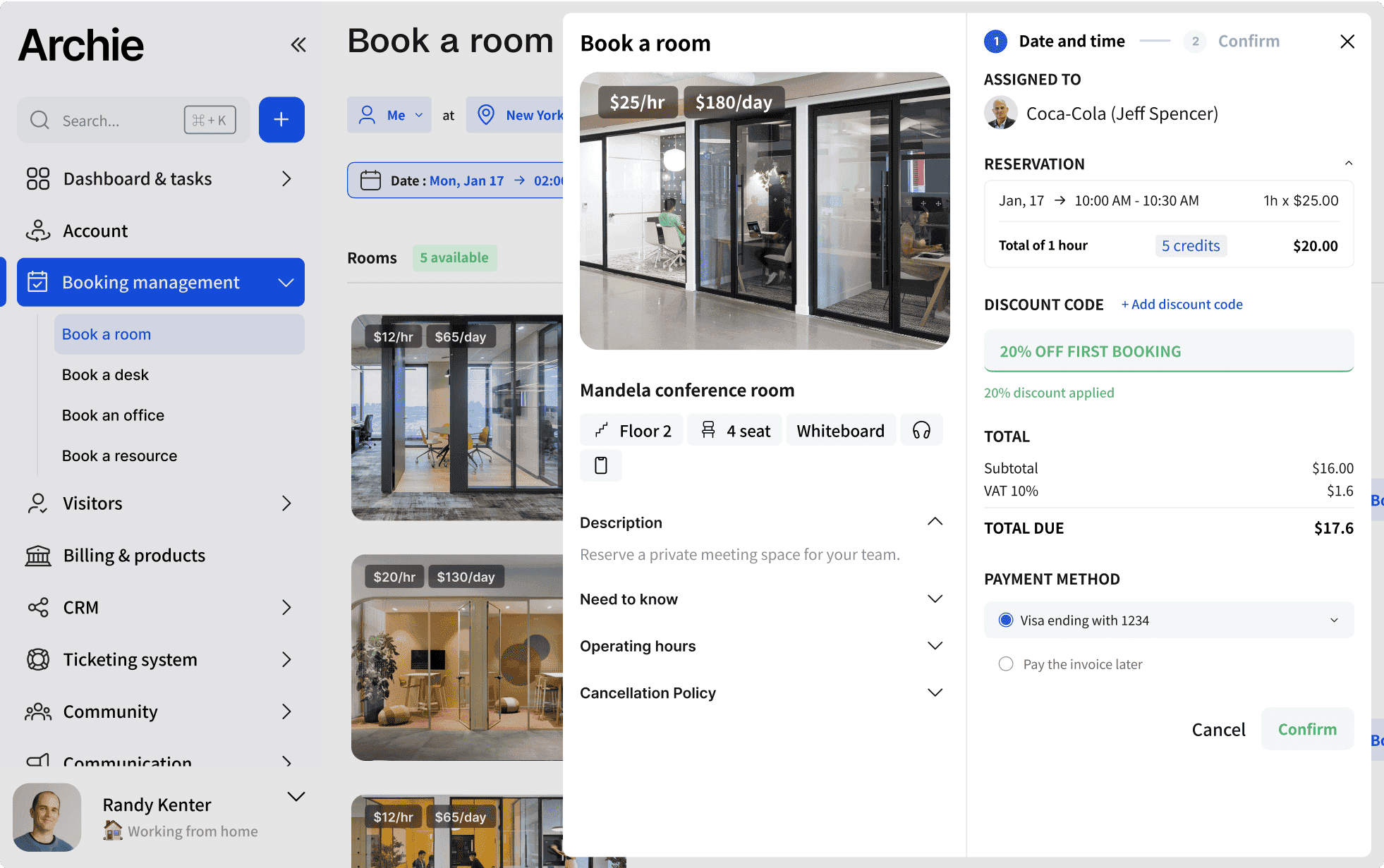 Archie booking management interface for reserving a conference room with details and pricing.