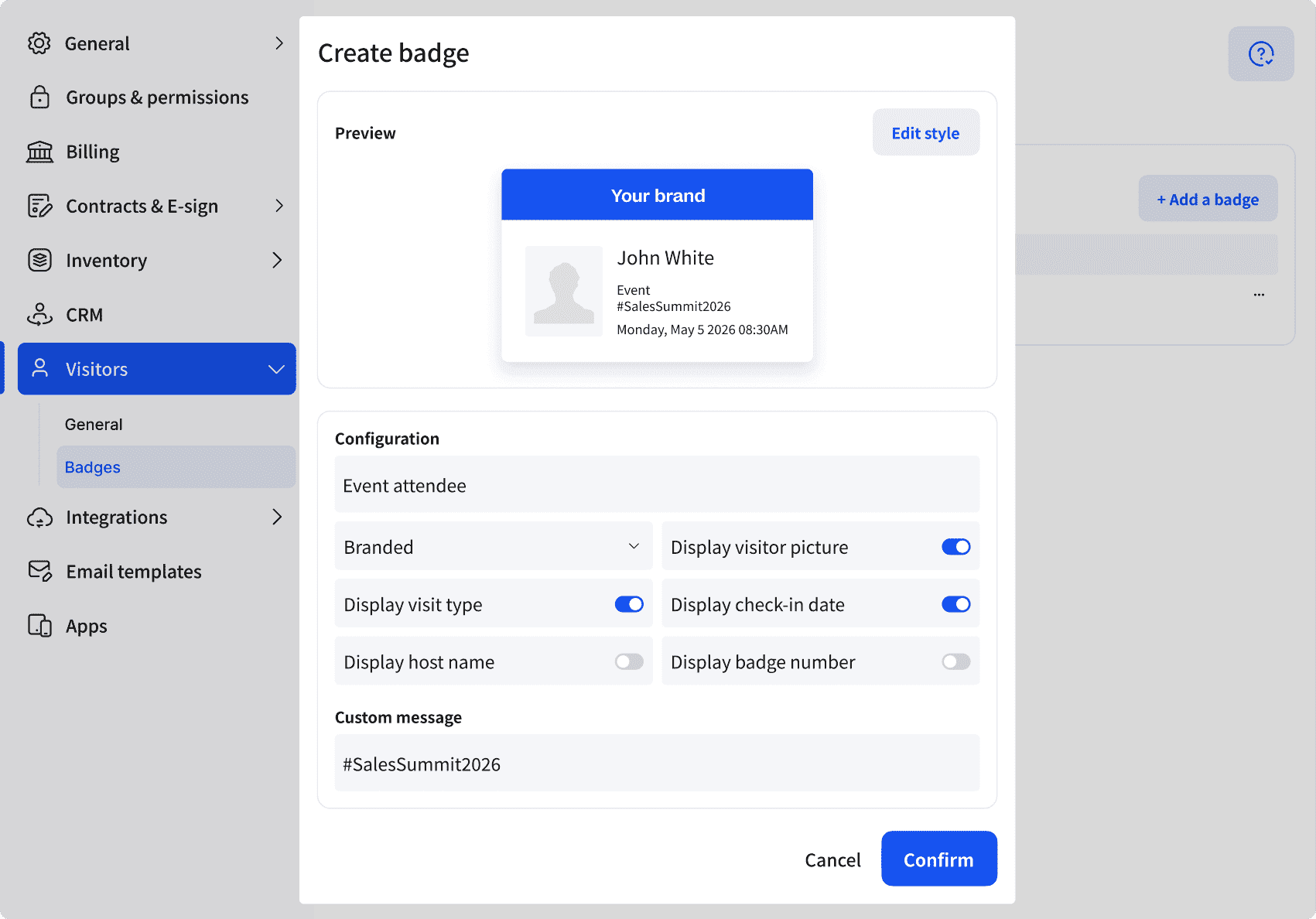 Archie interface for creating a visitor badge with customizable options for event details and visitor information.