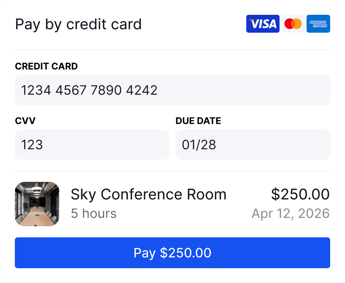 A screenshot of a payment interface showing credit card payment details for booking the "Sky Conference Room" for 5 hours on April 12, 2026, with a total amount of $250.00.