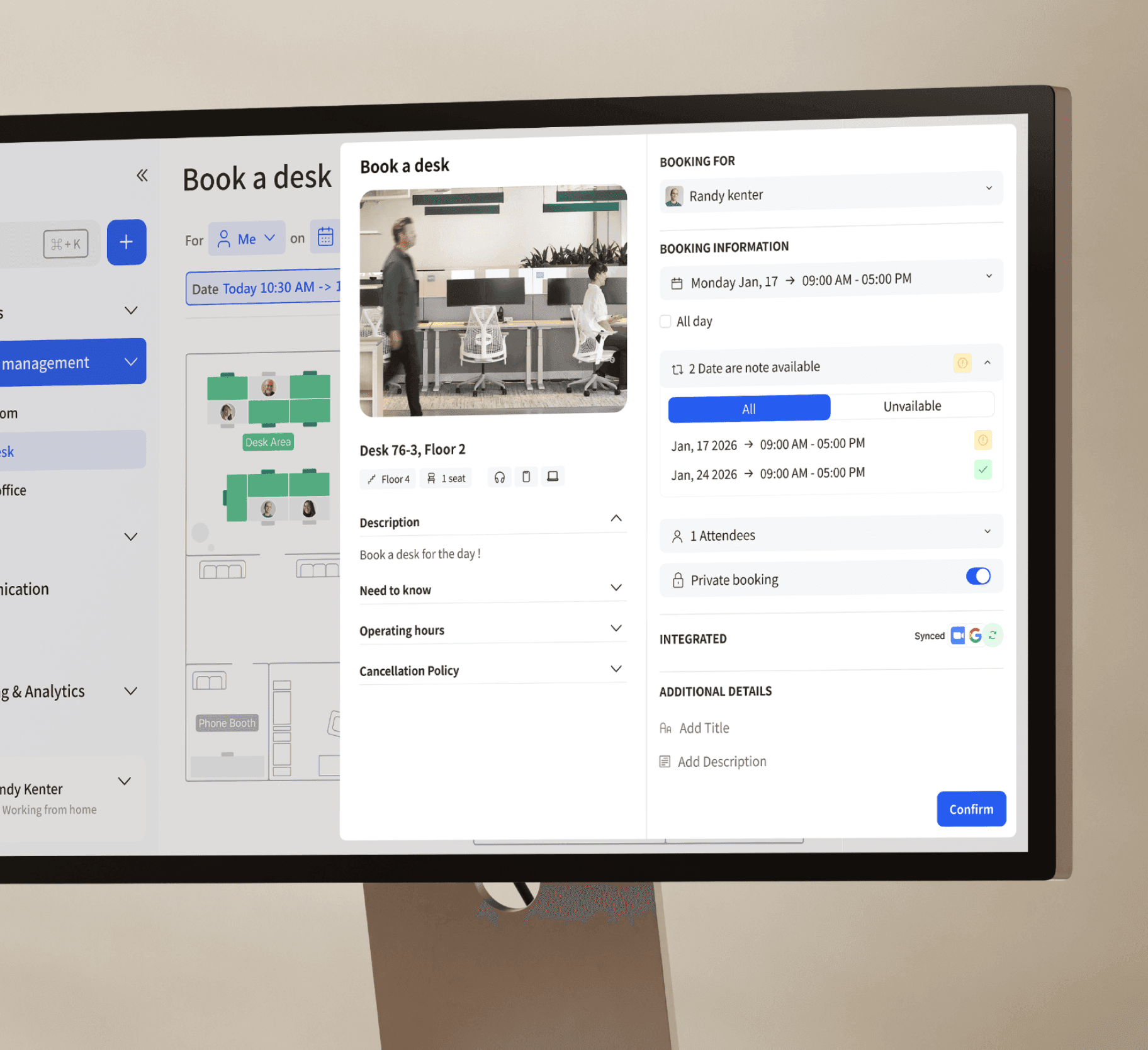 Desktop view of Archie's desk booking features.
