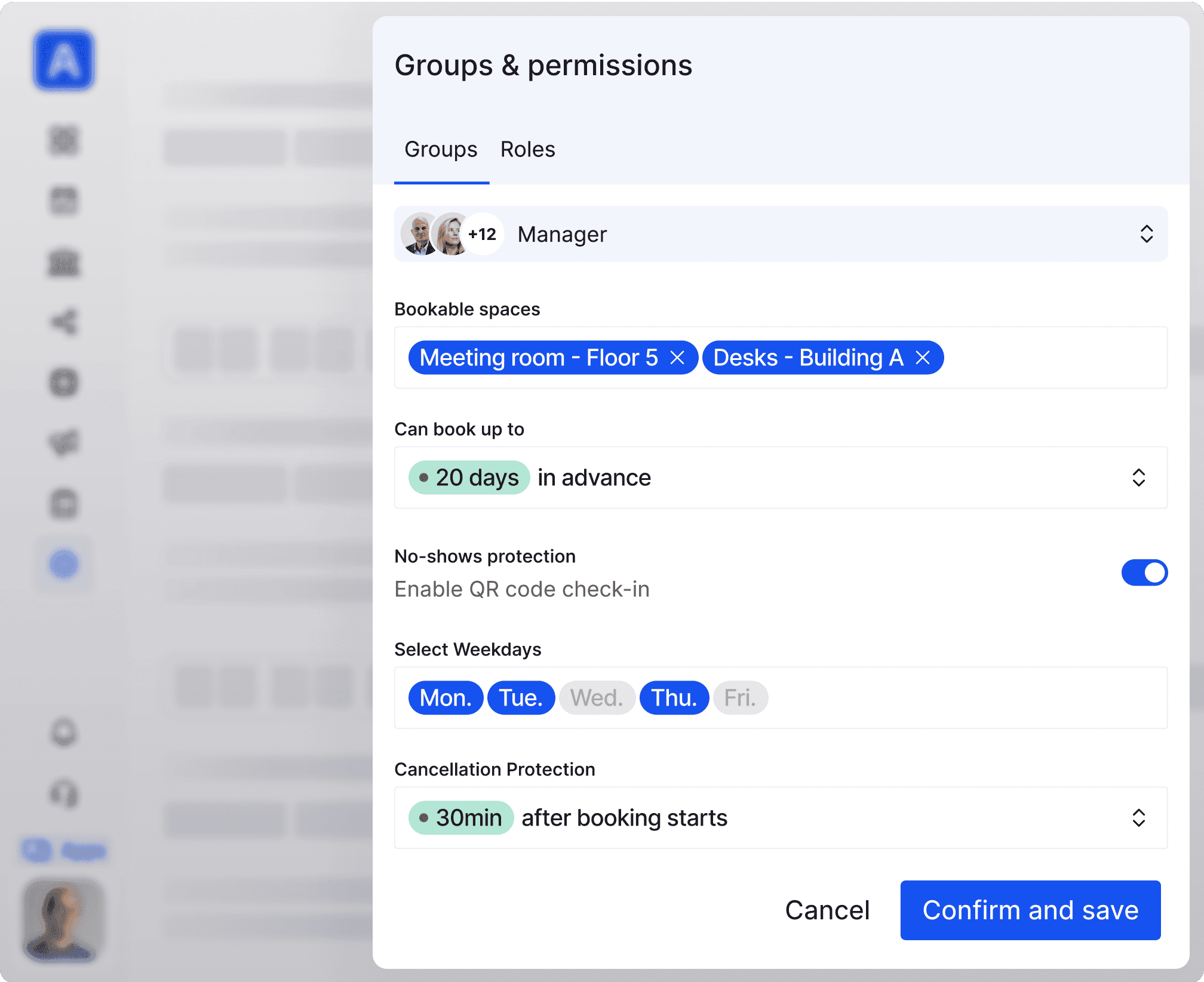 Archie interface showing groups and permissions settings, including bookable spaces, booking advance period, no-shows protection, QR code check-in, selectable weekdays, and cancellation protection.