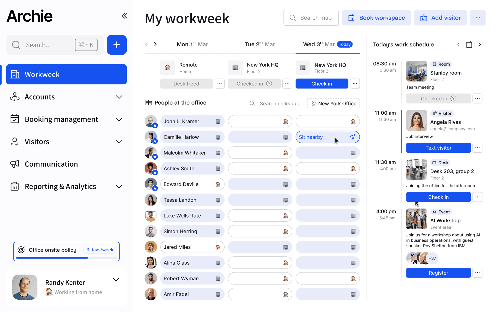 A screenshot of a workspace management app showing "My workweek," including office check-ins, colleague locations, and today's work schedule with meetings, visitor management, and event registrations.