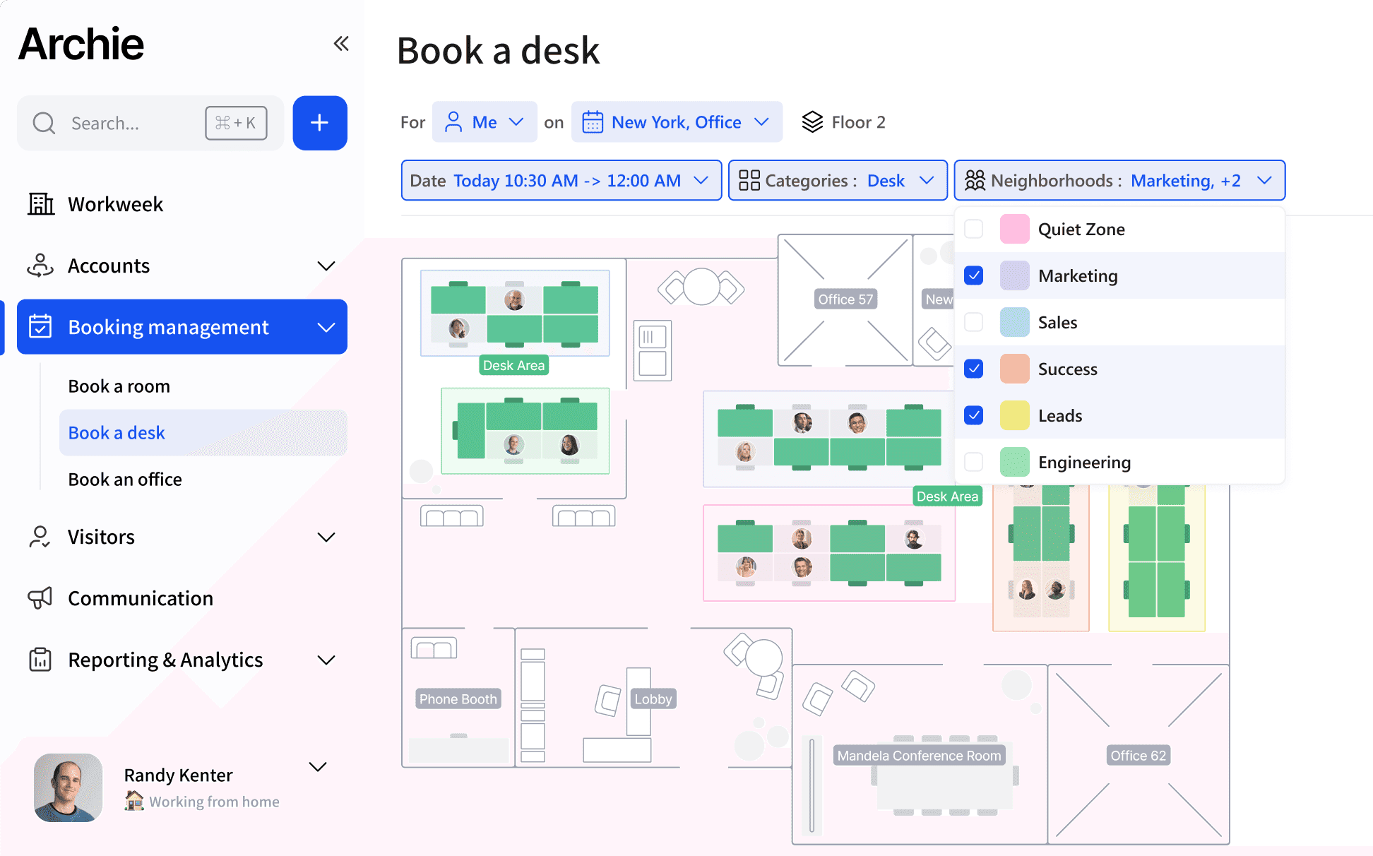Archie interface showing neighborhood zones meant for teams to book desks and sit together.