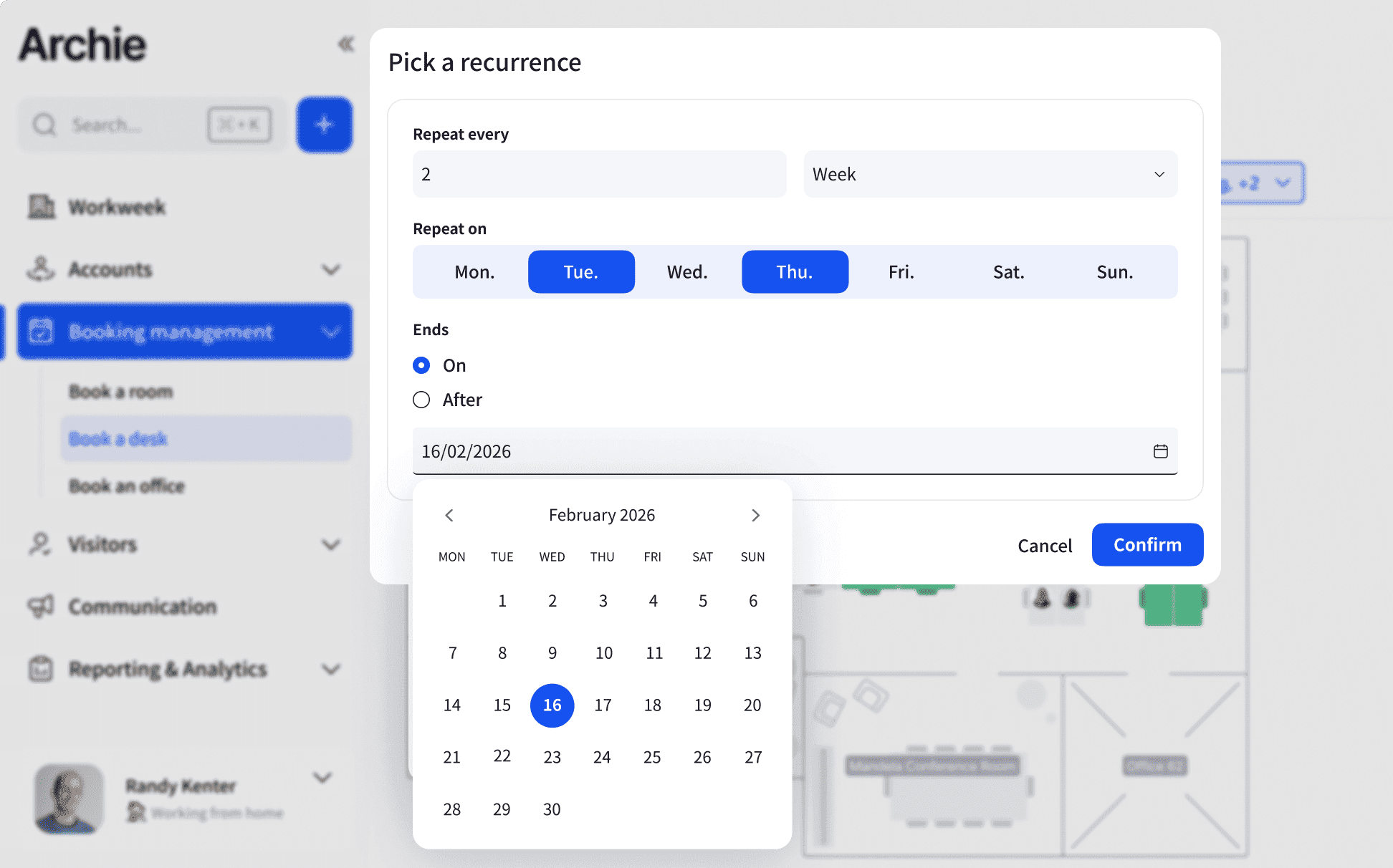 Archie dashboard with an option to set recurring desk bookings.