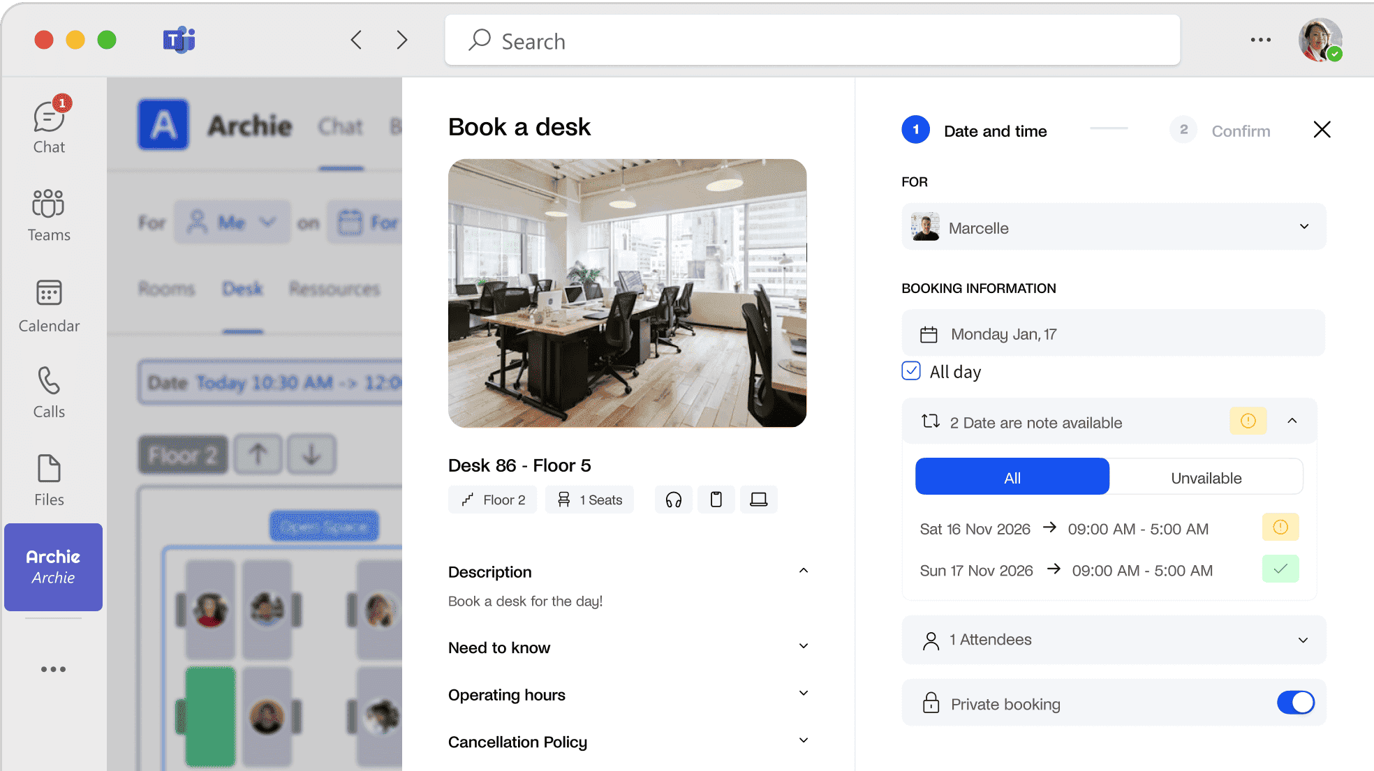 Archie desk booking interface integrated into Microsoft Teams with a floor map and scheduling panel.