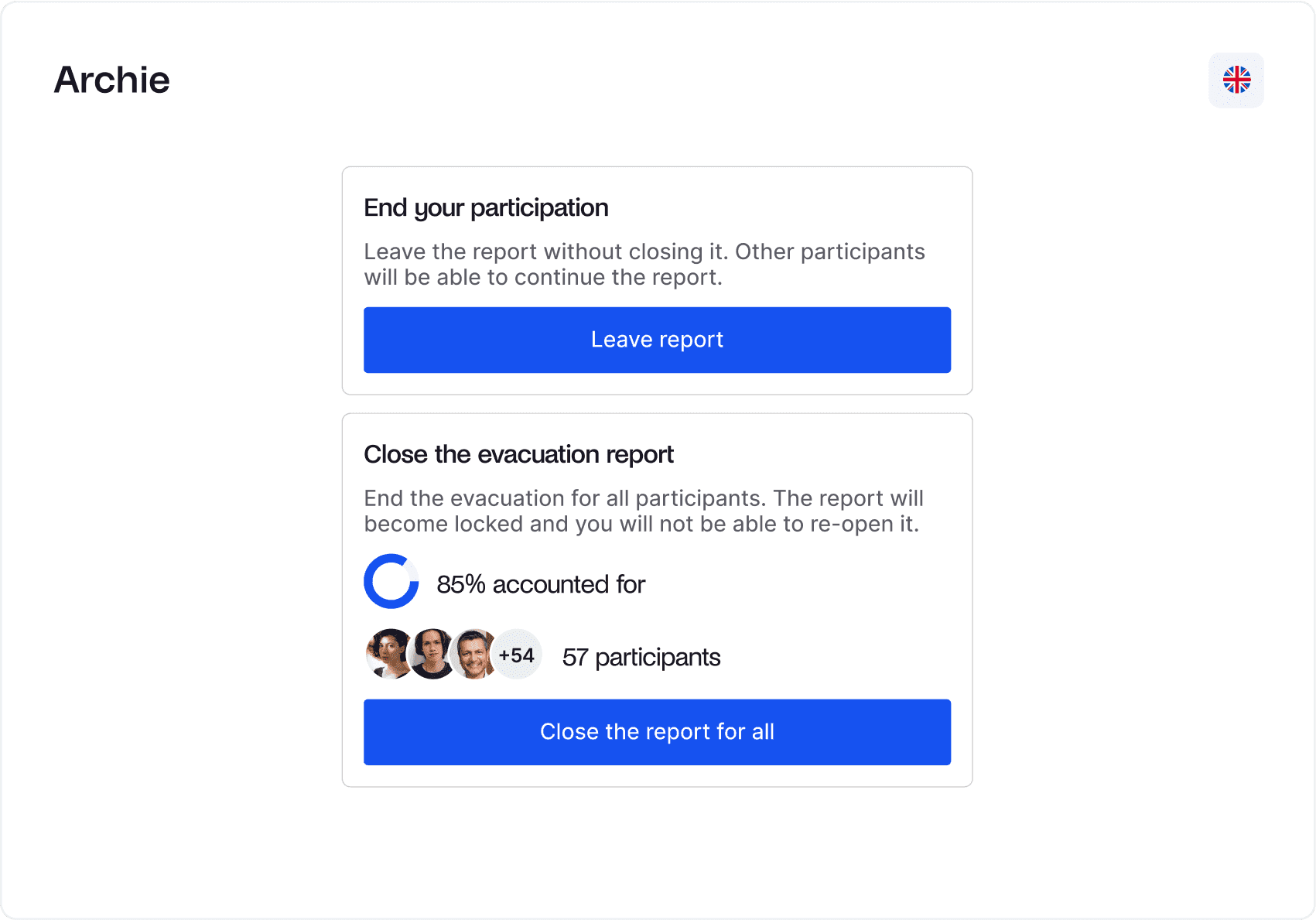 A screenshot of an application named Archie displaying options to leave or close an evacuation report for all participants, with 85% of the 57 participants accounted for.