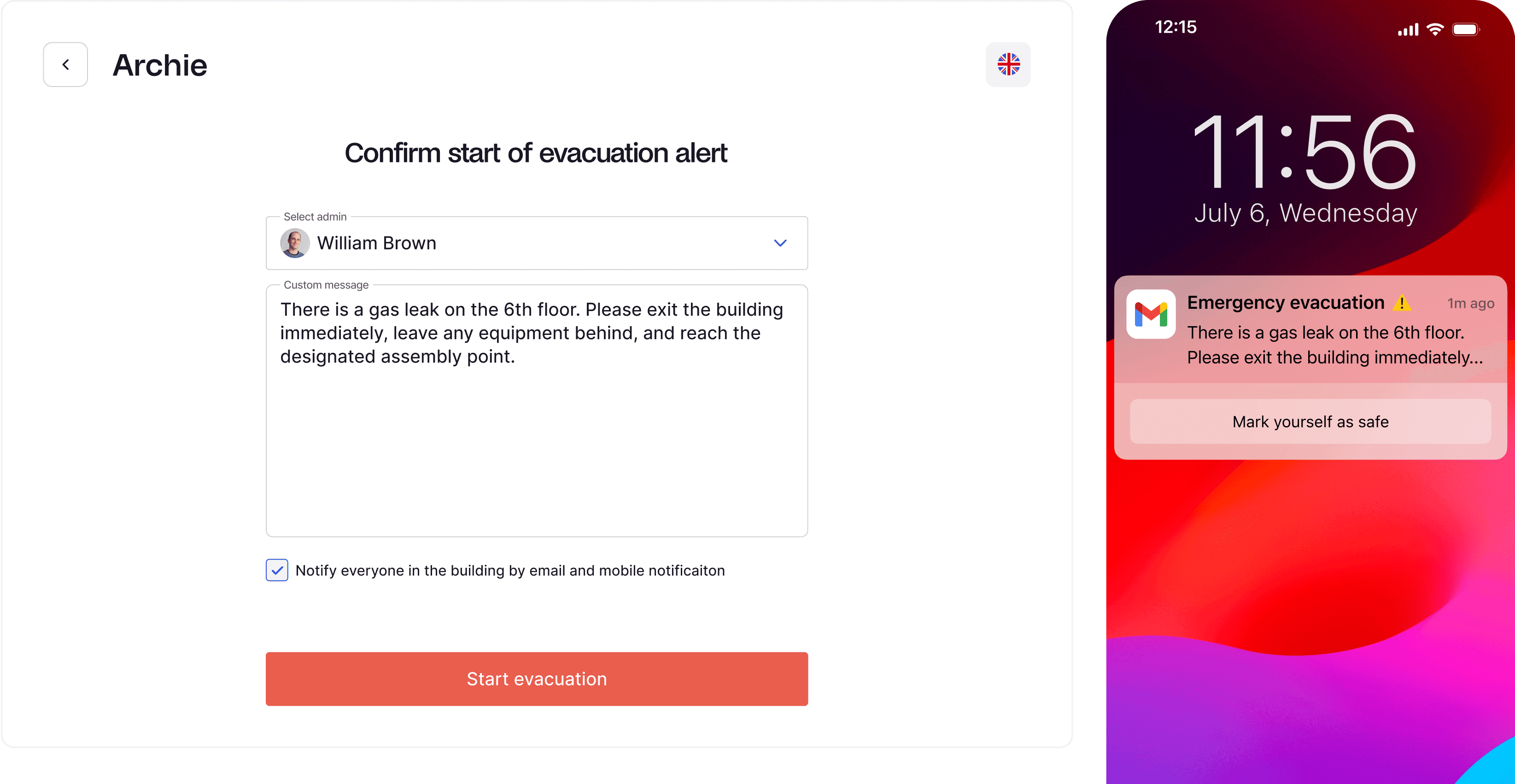 A mobile application interface showing an emergency evacuation alert for a gas leak on the 6th floor, with options to notify everyone in the building and start the evacuation process.