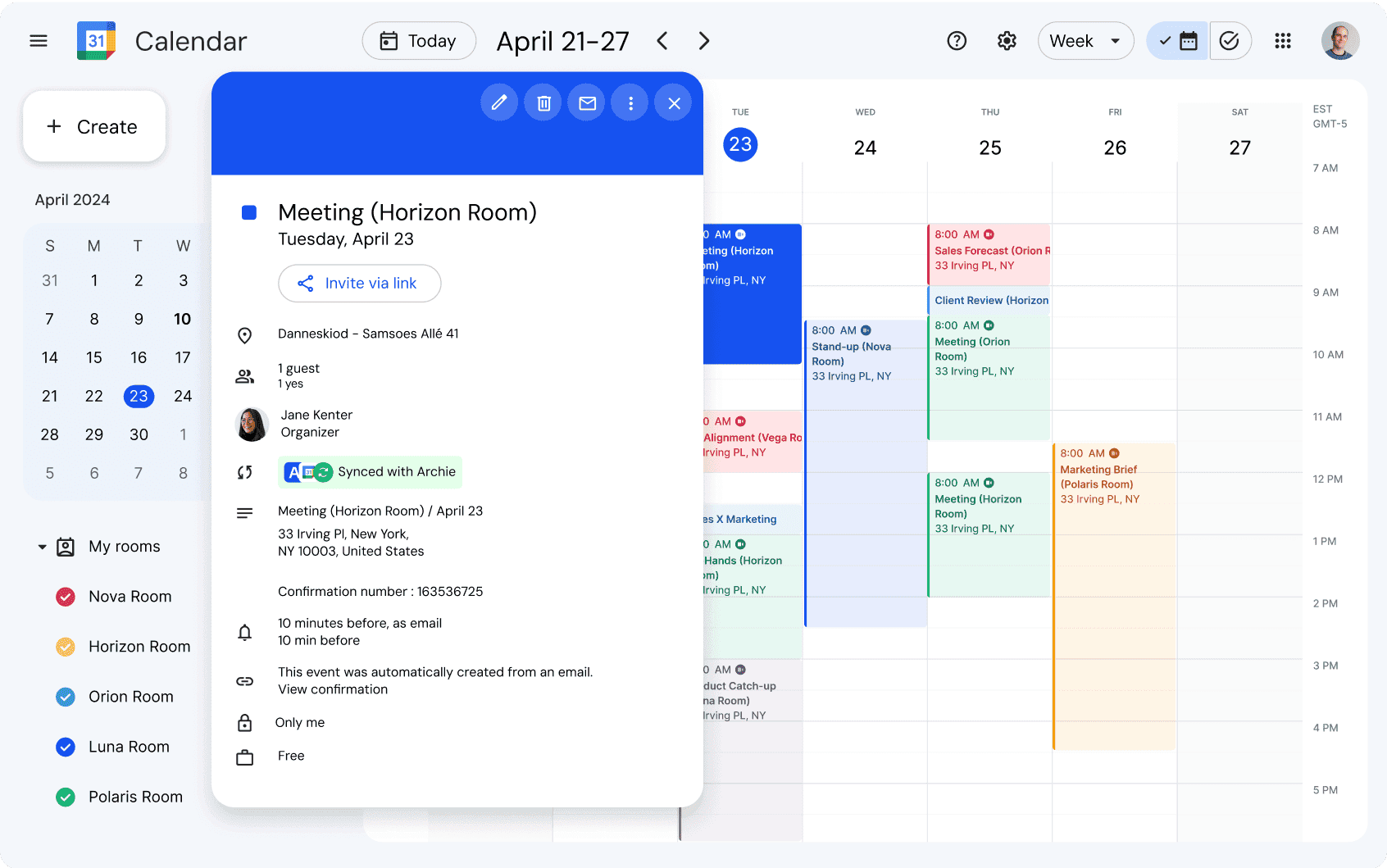 Calendar view showing a meeting scheduled in the Horizon Room on Tuesday, April 23, with additional meetings and events listed for the week.