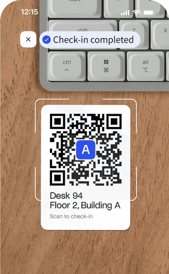 Mobile screen showing a check-in completion notification with a QR code for Desk 94 on Floor 2, Building A.