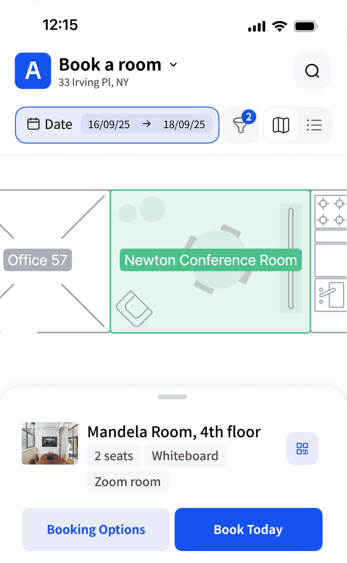 Mobile app interface showing Archie room booking options with meeting room space details.