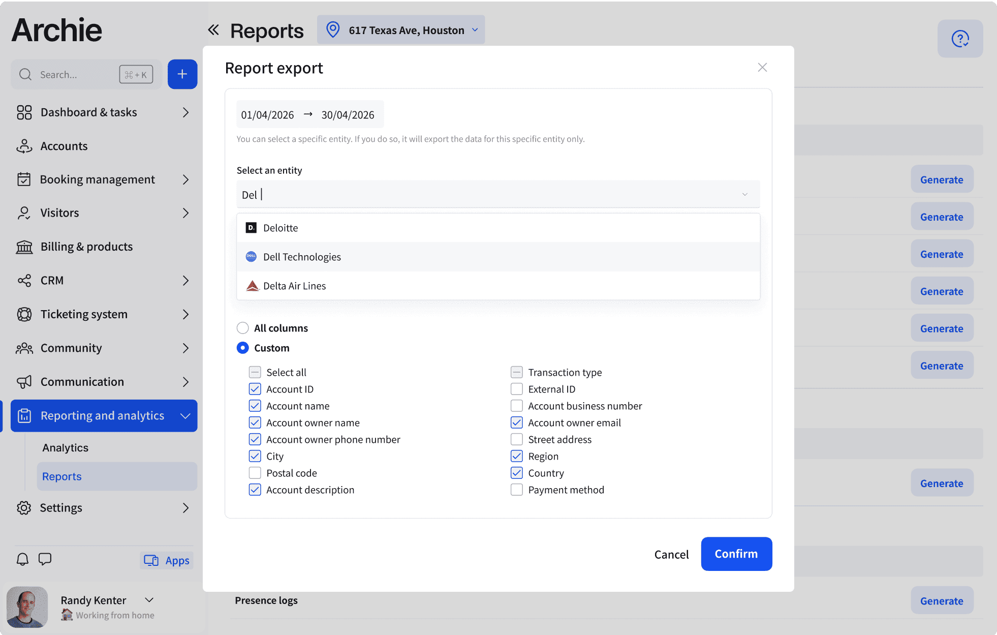 Archie software interface showing report export options for a selected date range and entity.