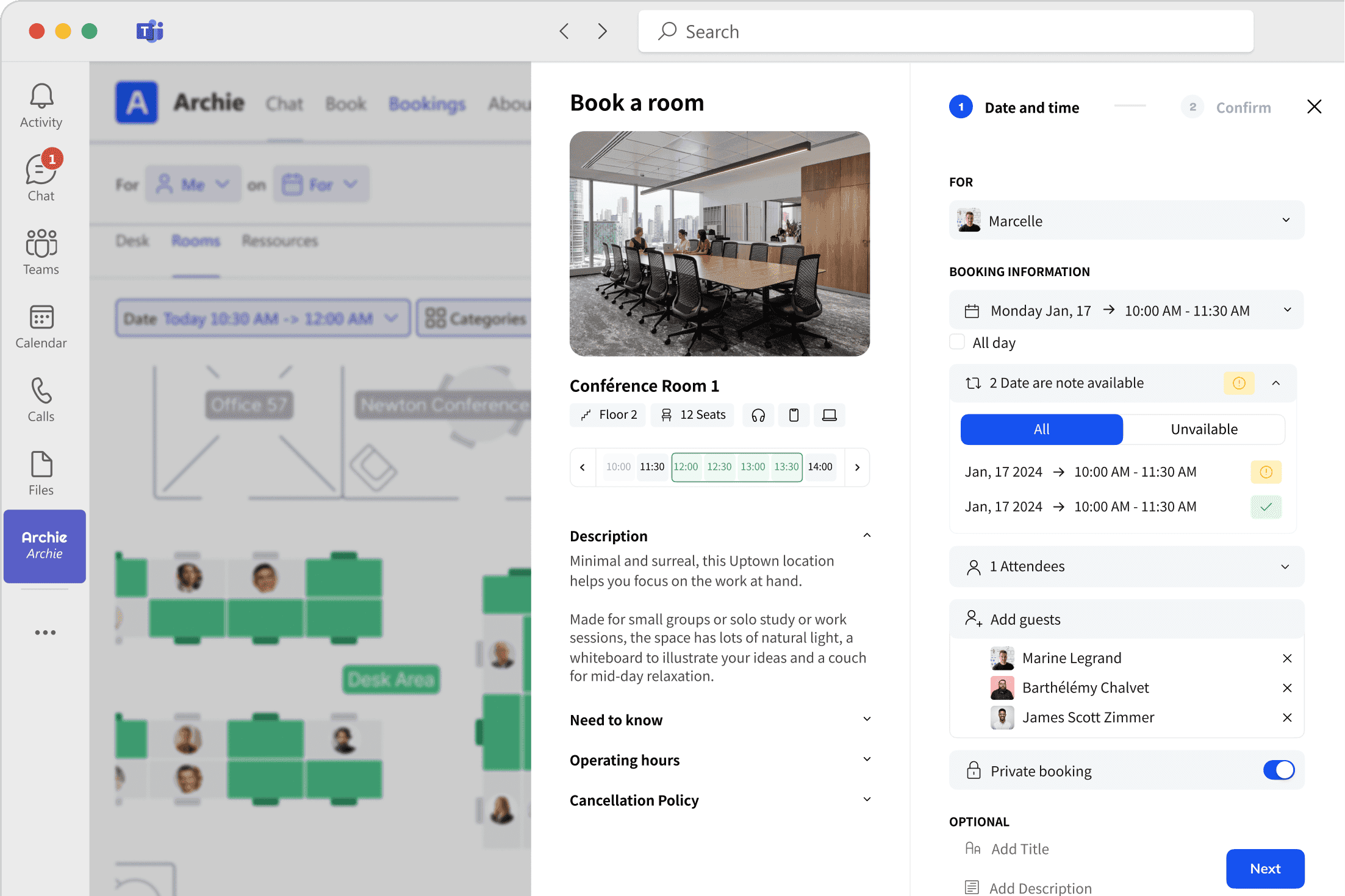 Archie's room booking system integrated inside Microsoft Teams interface.