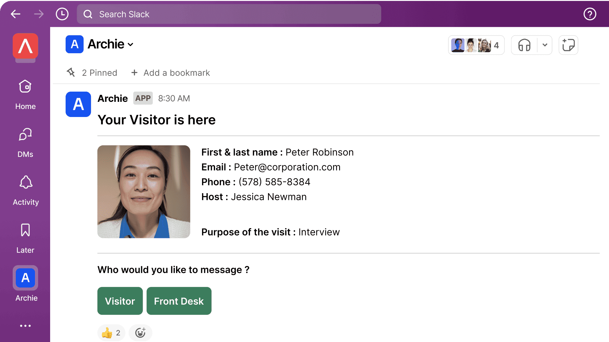 Slack notification showing visitor arrival information with options to message the visitor or front desk.
