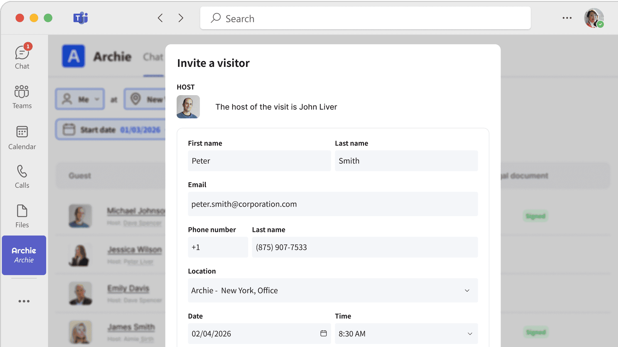 Computer screen displaying a visitor invitation form with host and visitor details.