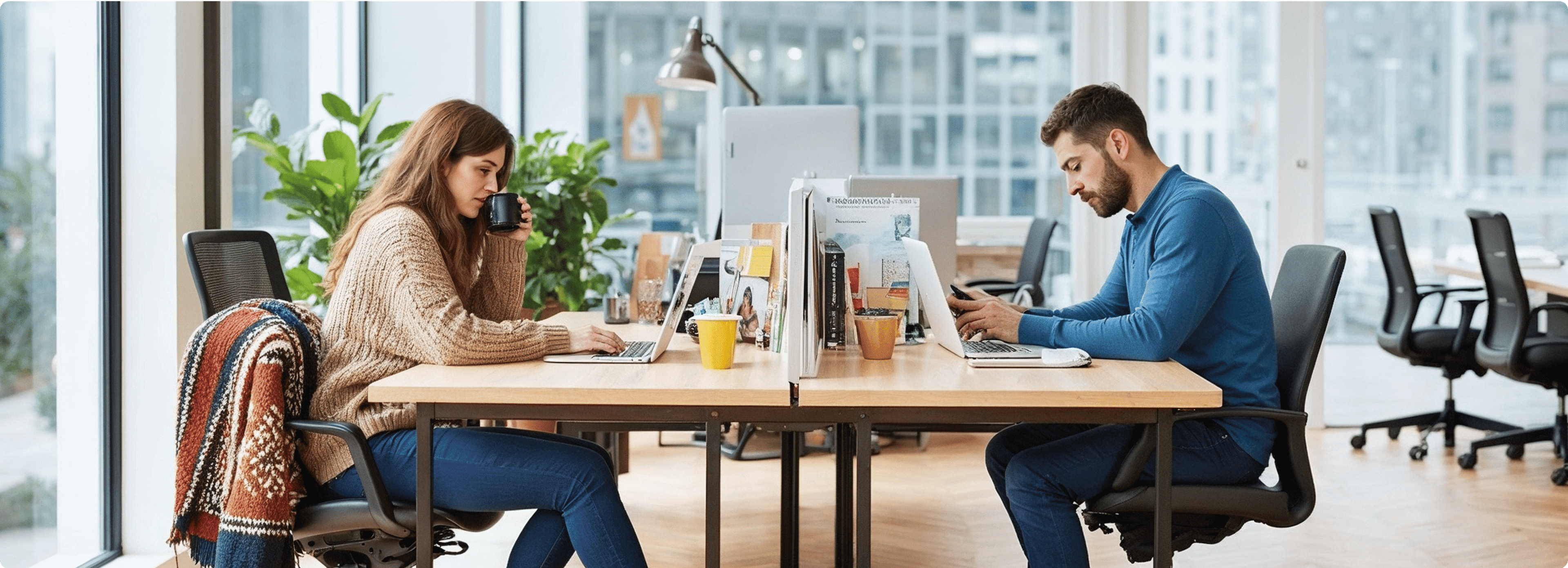 Two people working at a shared desk in a modern office environment with laptops, plants, and office supplies.