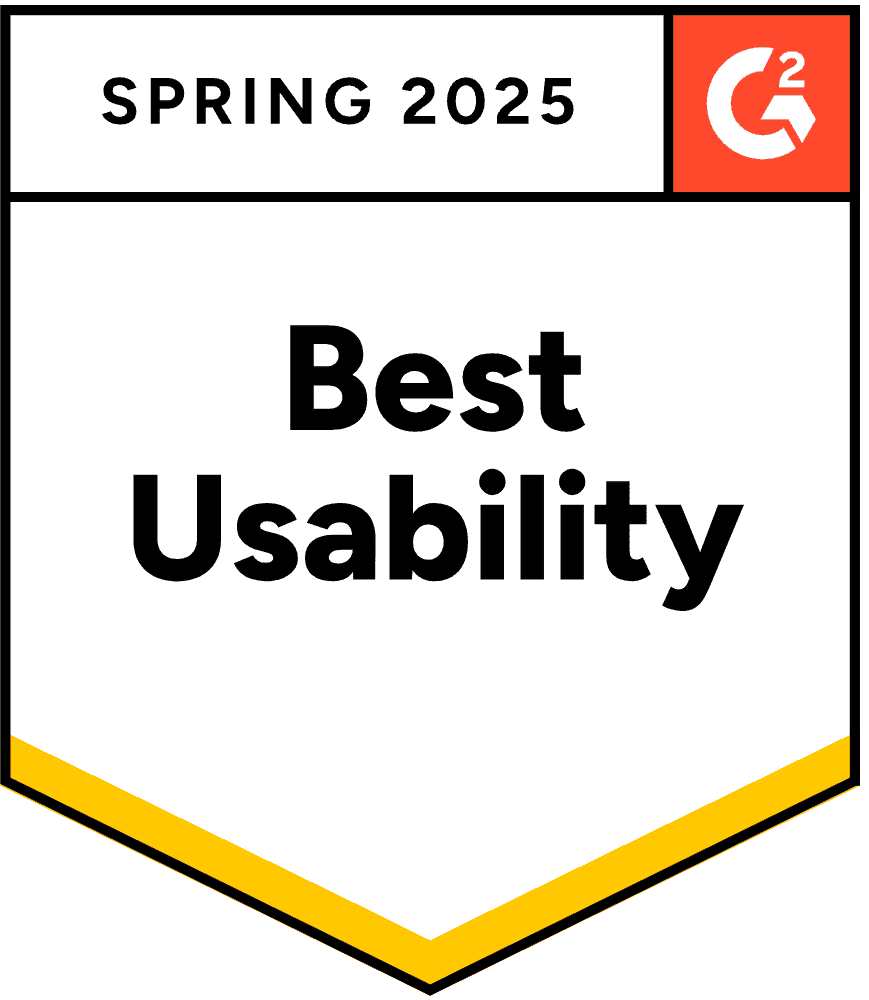 A badge labeled "Best Usability" awarded by G2 for Summer 2025, indicating high user satisfaction with the software's ease of use.