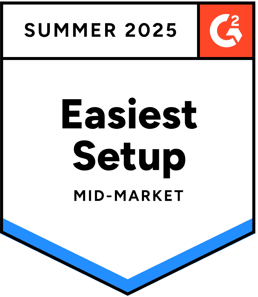 A badge labeled "Easiest Setup" awarded for Summer 2025 in the mid-market category by G2.