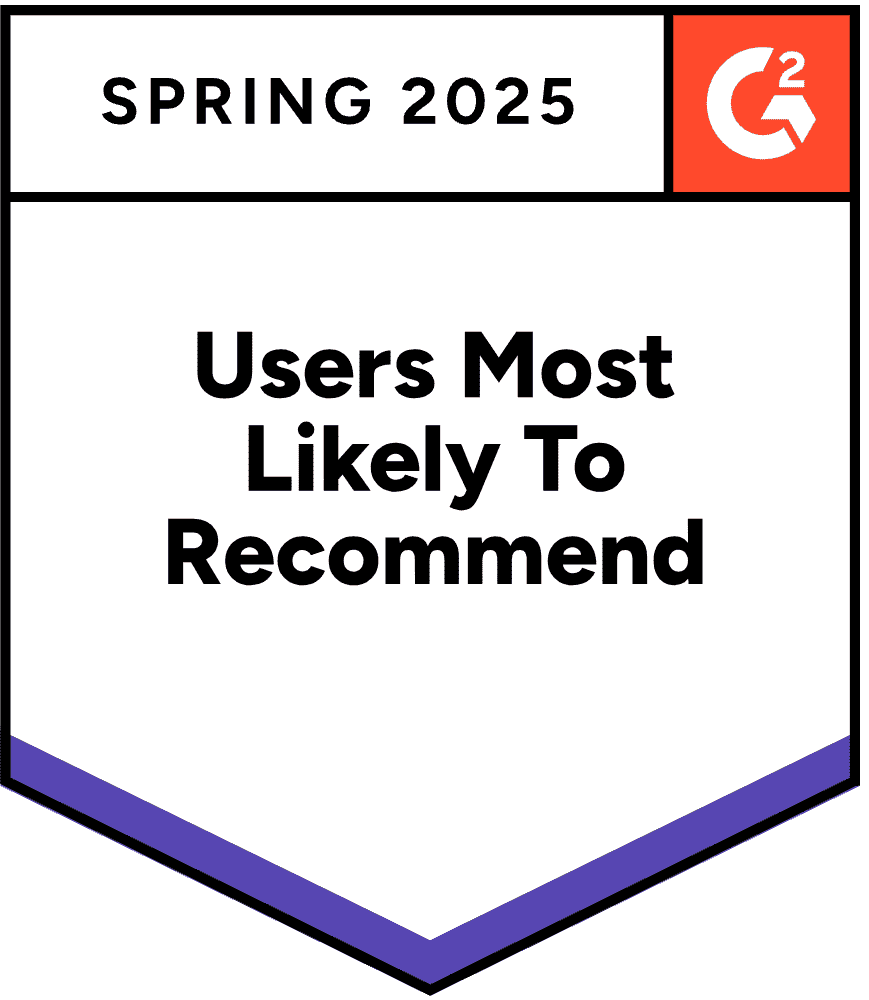 A badge labeled "Users Most Likely to Recommend" awarded by G2 for Summer 2025, indicating strong user endorsement of the software.