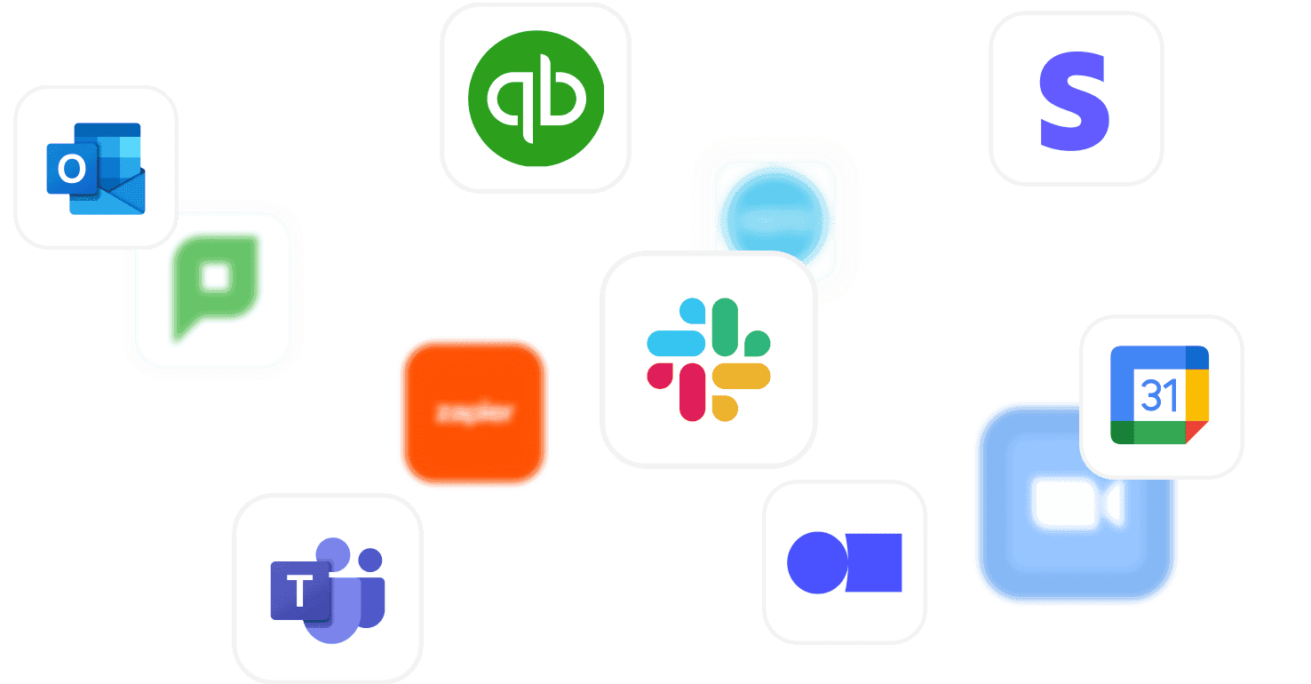 Collection of app icons including Outlook, QuickBooks, Slack, Google Calendar, Microsoft Teams, and others.