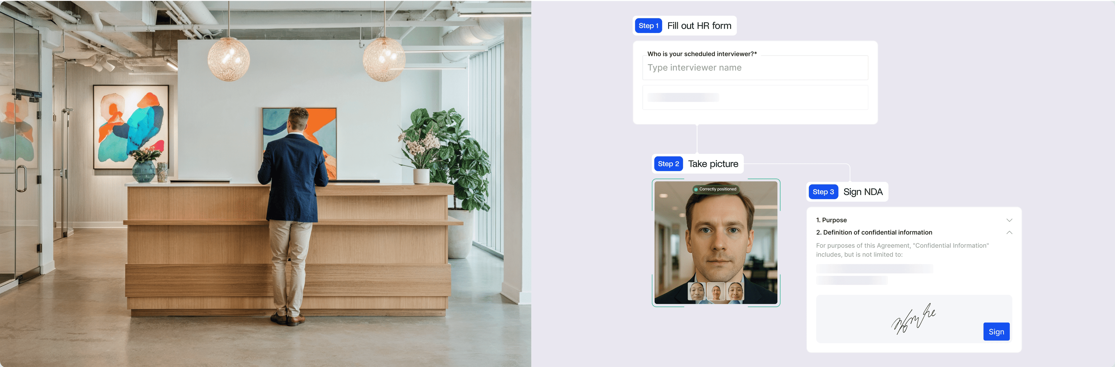 Mobile app interface showing the steps for visitor check-in: filling out an HR form, taking a picture, and signing an NDA.