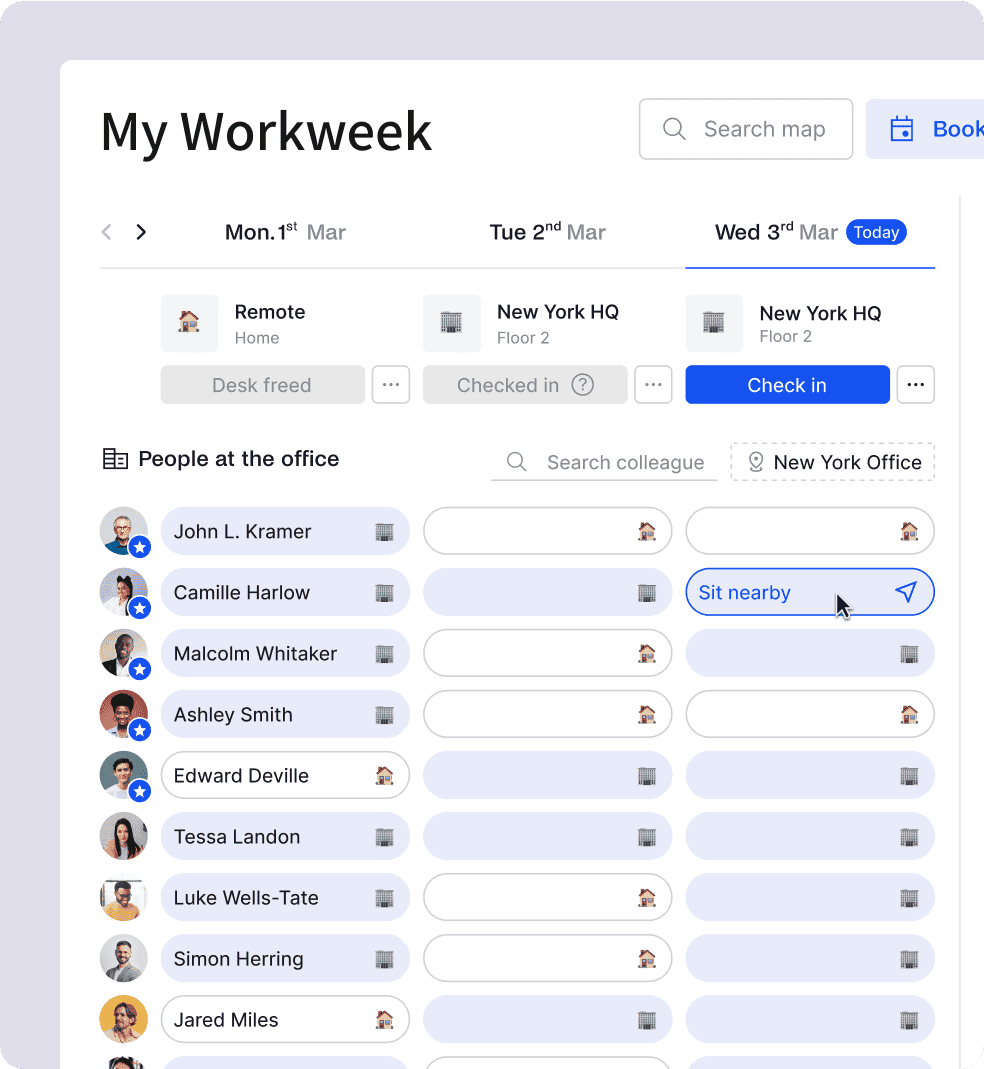 A workspace app interface showing "My Workweek" with options to check in, view colleagues at the office, and see their desk locations.