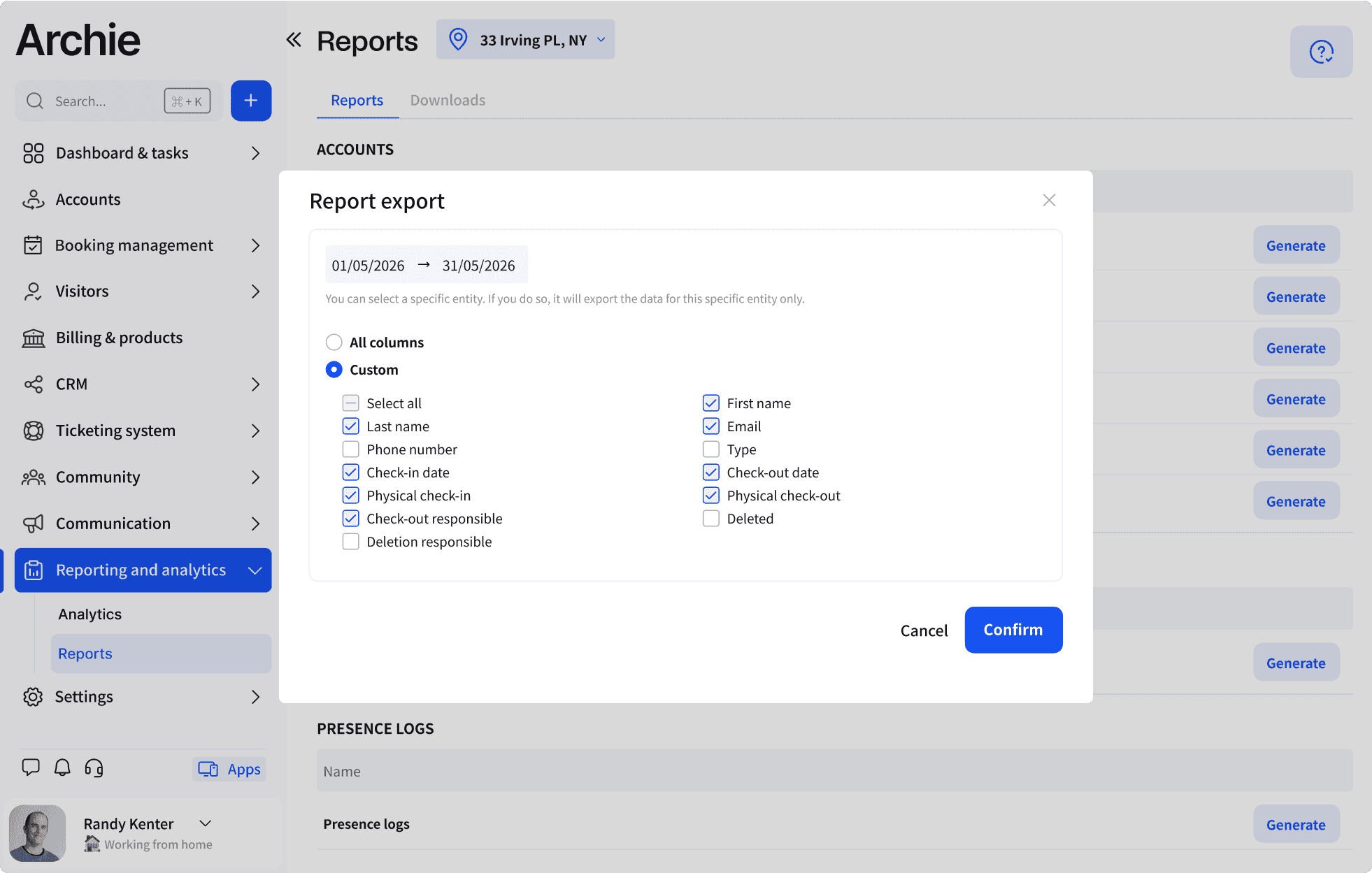 A screenshot of a report export interface in an application named Archie, showing options to customize the report columns and date range.