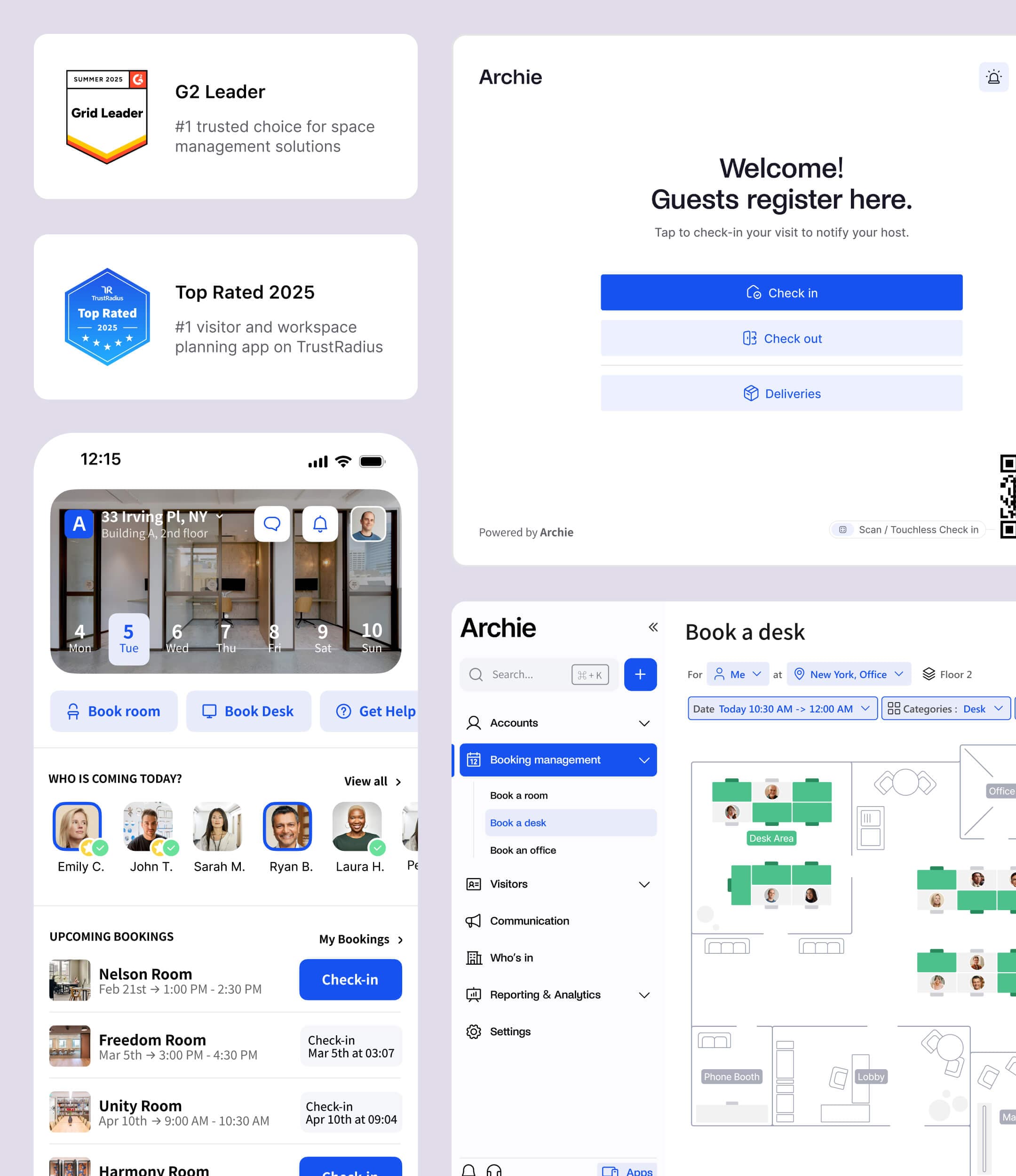 A mobile app interface for Archie, displaying options for booking rooms, desks, checking in, and viewing upcoming bookings. It also highlights awards like "G2 Leader Fall 2025" and "Top Rated 2025."